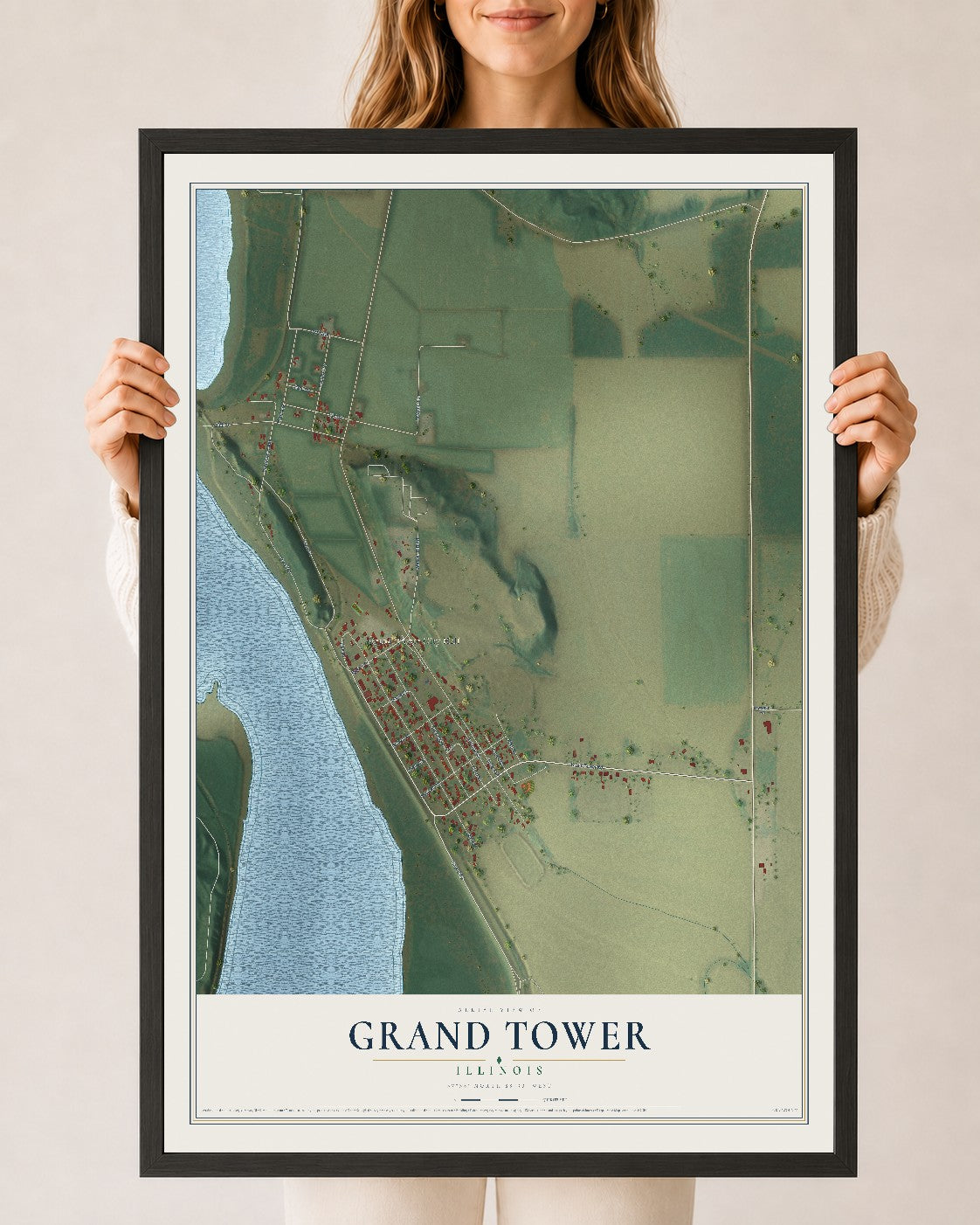 Map of Grand Tower, Illinois, 24 x 36 inch print in a black wood frame