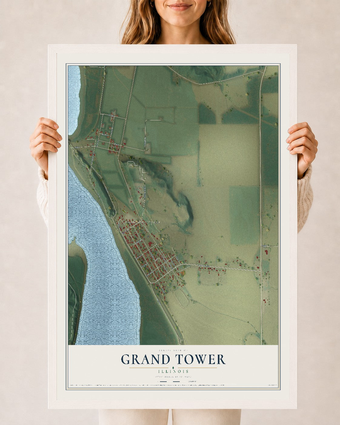 Map of Grand Tower, Illinois, 24 x 36 inch print in a white wood frame
