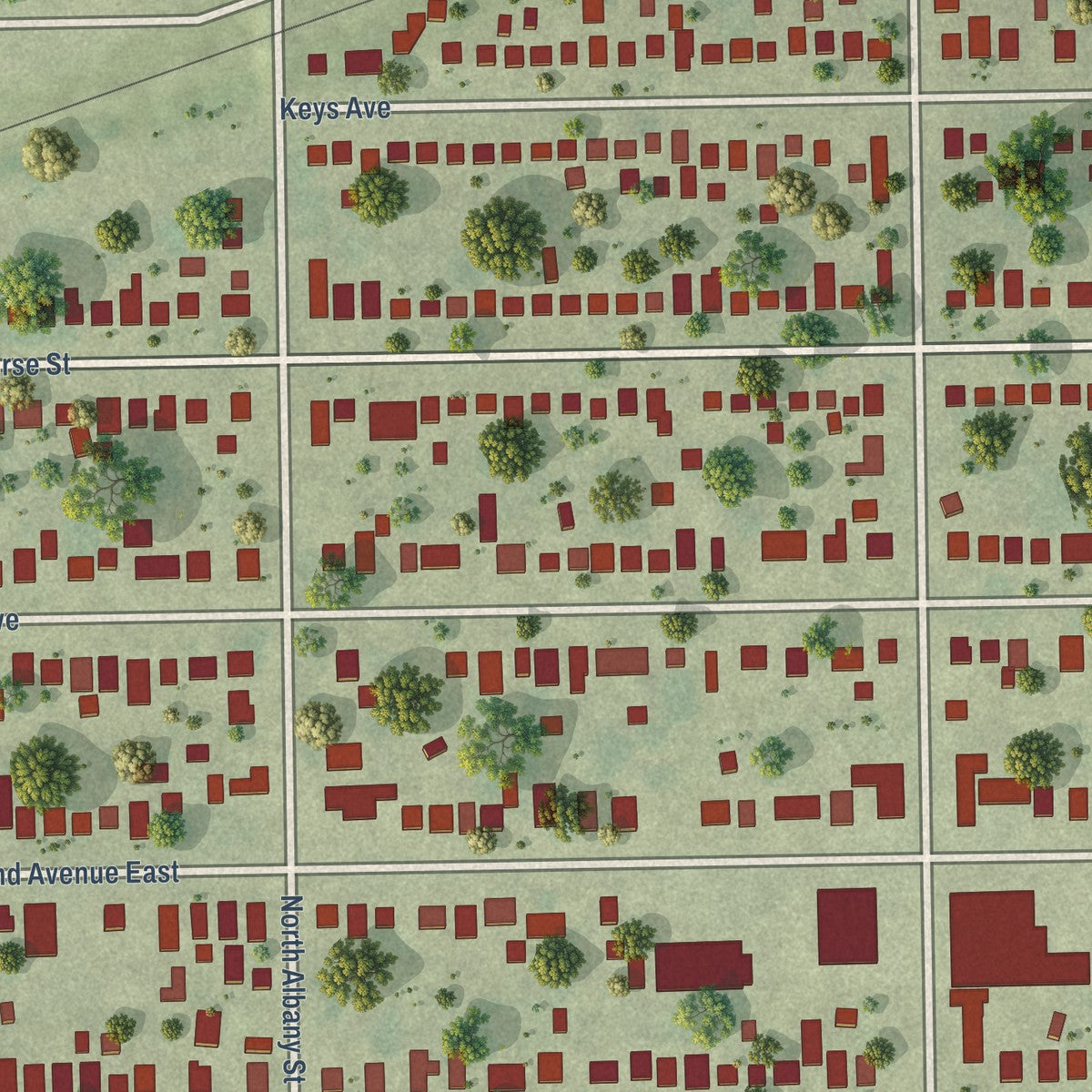 Close-up of the map of Grandview, Illinois print showing street and building detail