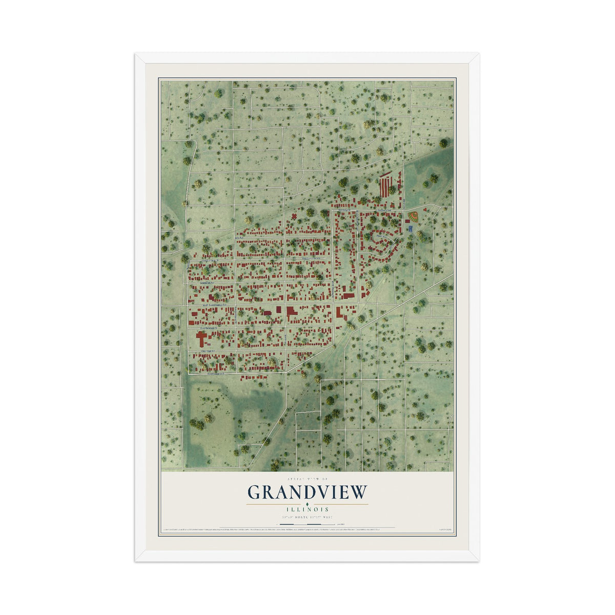 Map of Grandview, Illinois, 12 x 18 inch print in a white wood frame