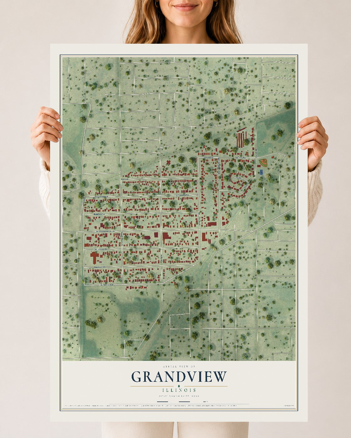Map of Grandview, Illinois, 24 x 36 inch unframed archival matte print