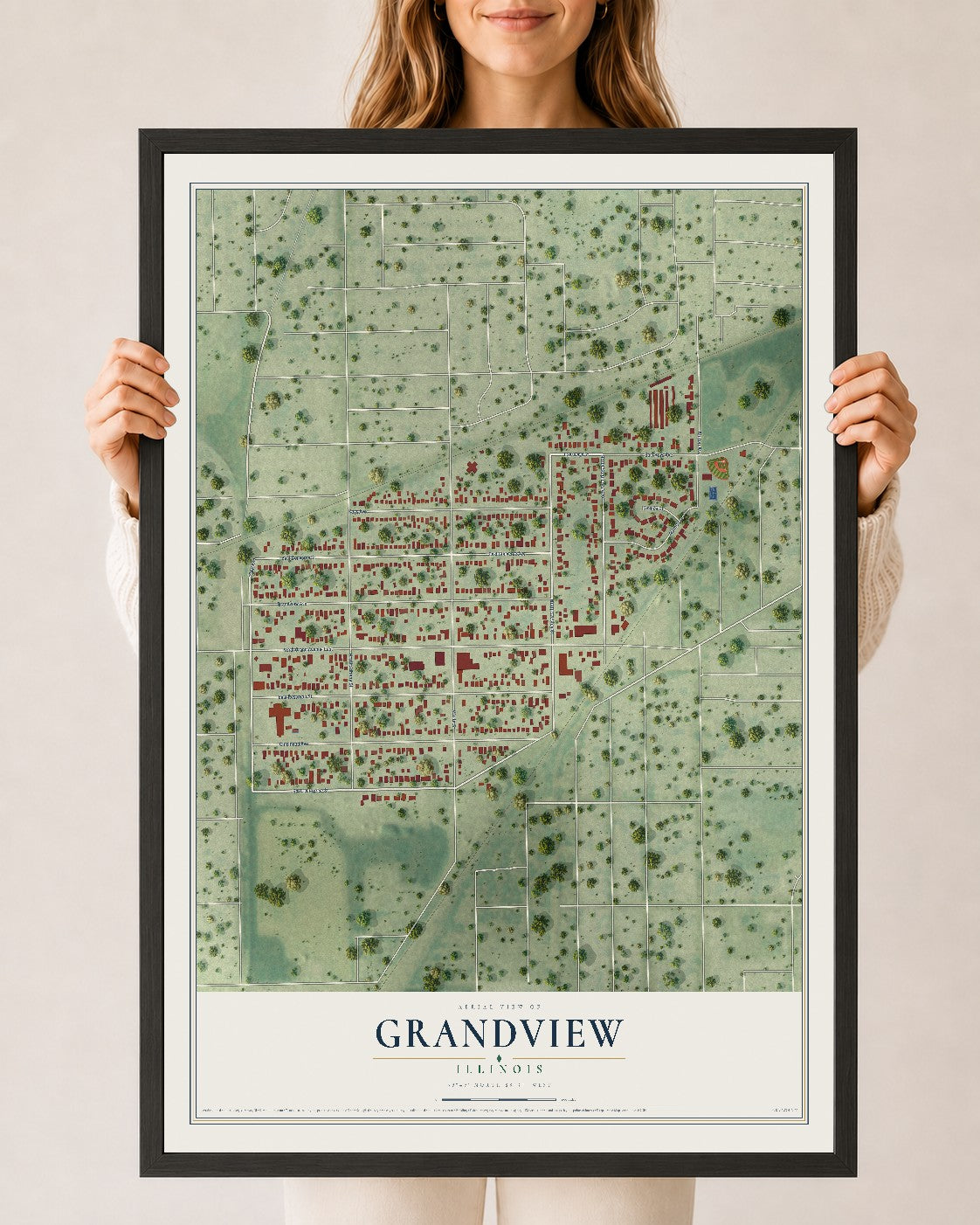 Map of Grandview, Illinois, 24 x 36 inch print in a black wood frame