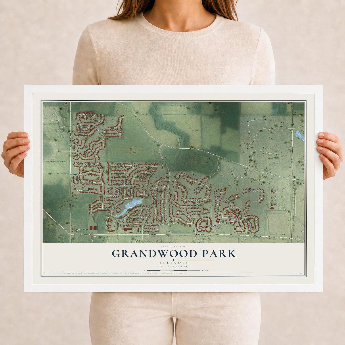 Map of Grandwood Park, Illinois, 12 x 18 inch print in a white wood frame