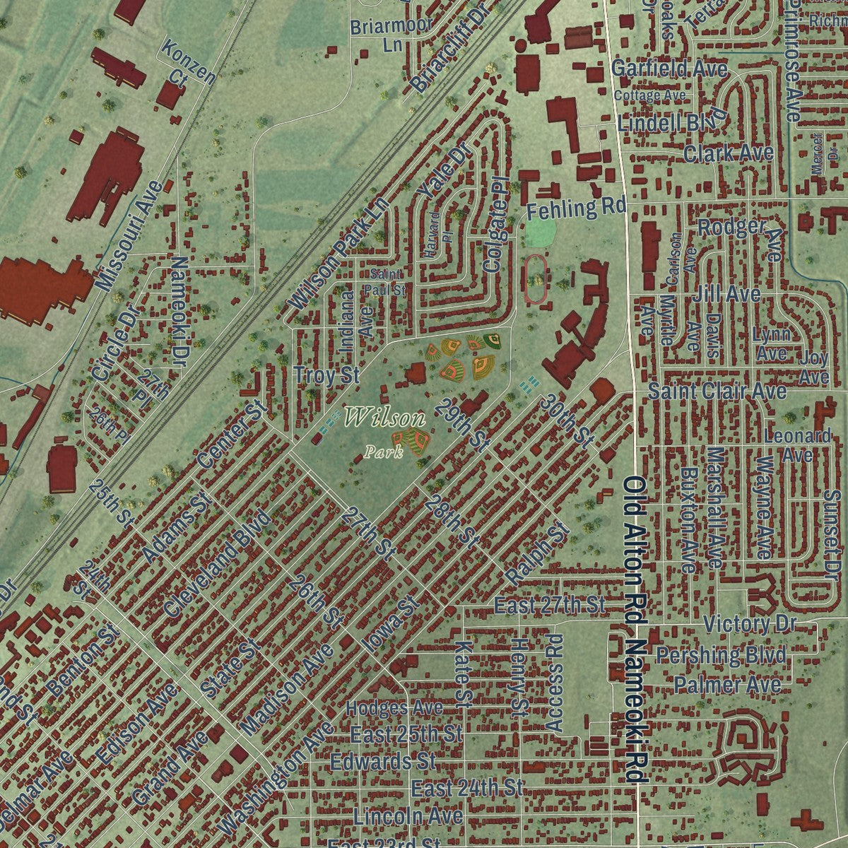 Close-up of the map of Granite City, Illinois print showing street and building detail