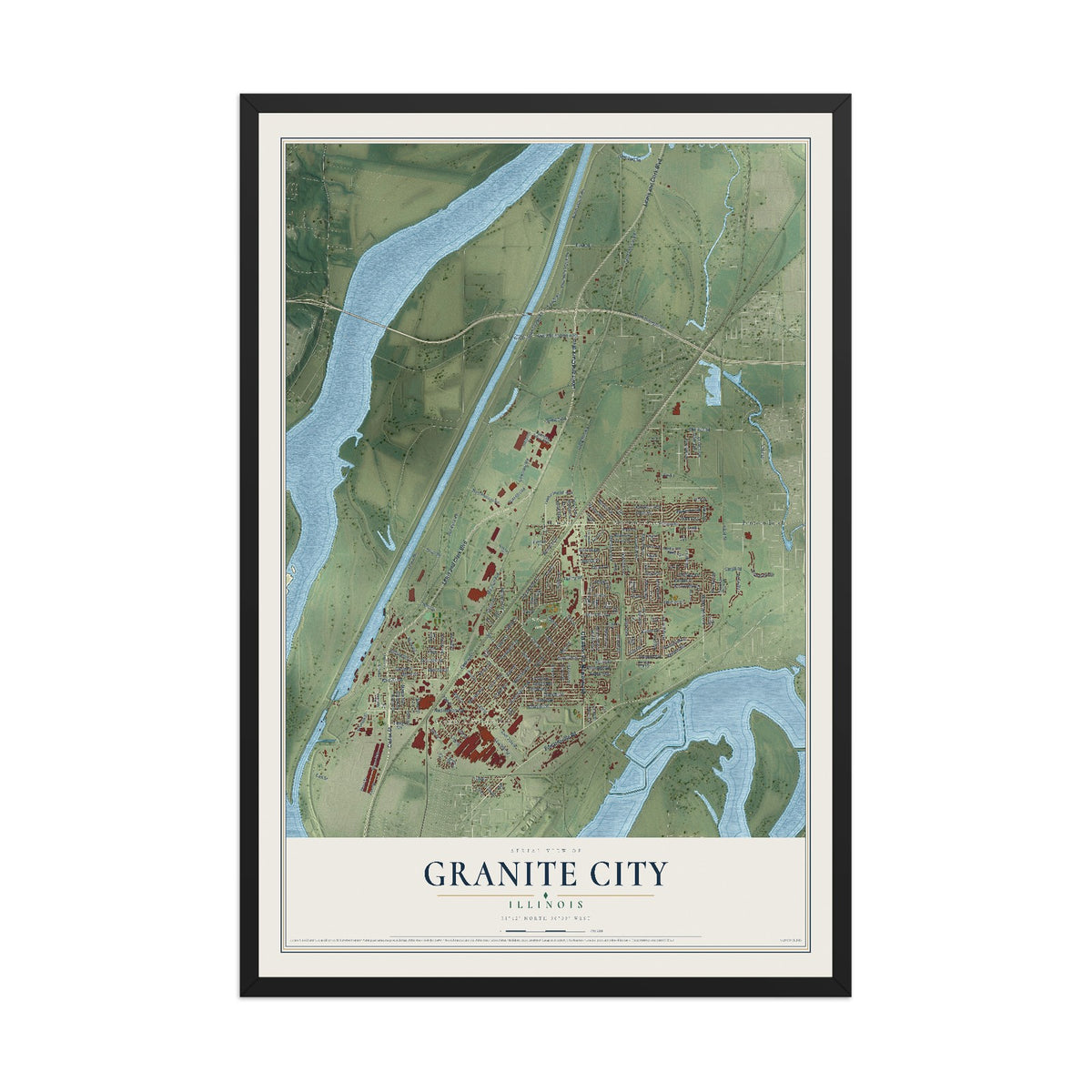 Map of Granite City, Illinois, 12 x 18 inch print in a black wood frame