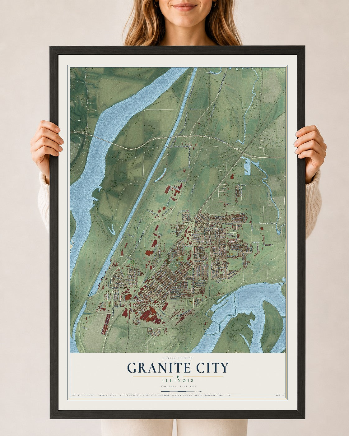 Map of Granite City, Illinois, 24 x 36 inch print in a black wood frame