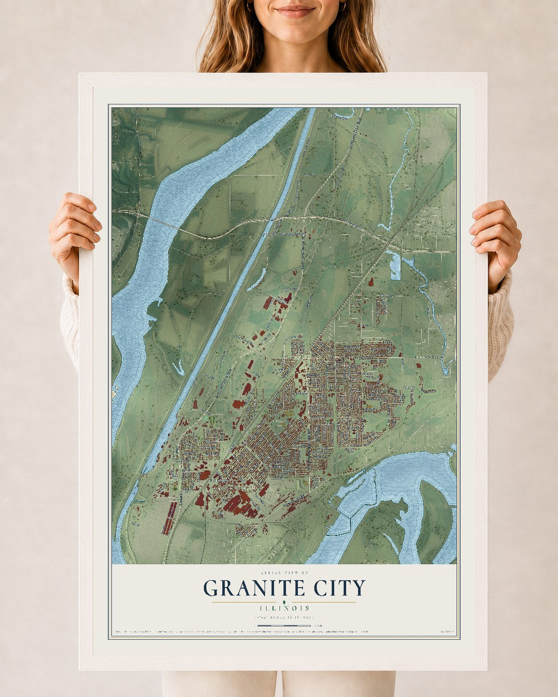 Map of Granite City, Illinois, 24 x 36 inch print in a white wood frame