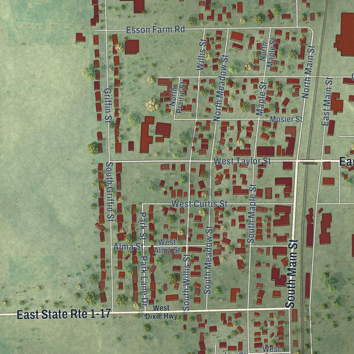 Close-up of the map of Grant Park, Illinois print showing street and building detail