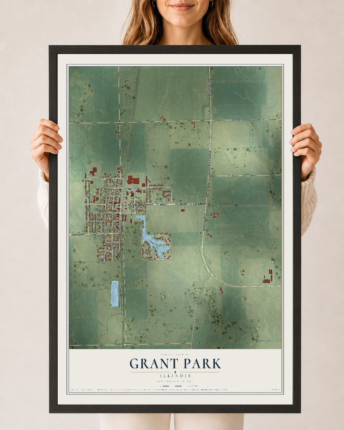 Map of Grant Park, Illinois, 24 x 36 inch print in a black wood frame