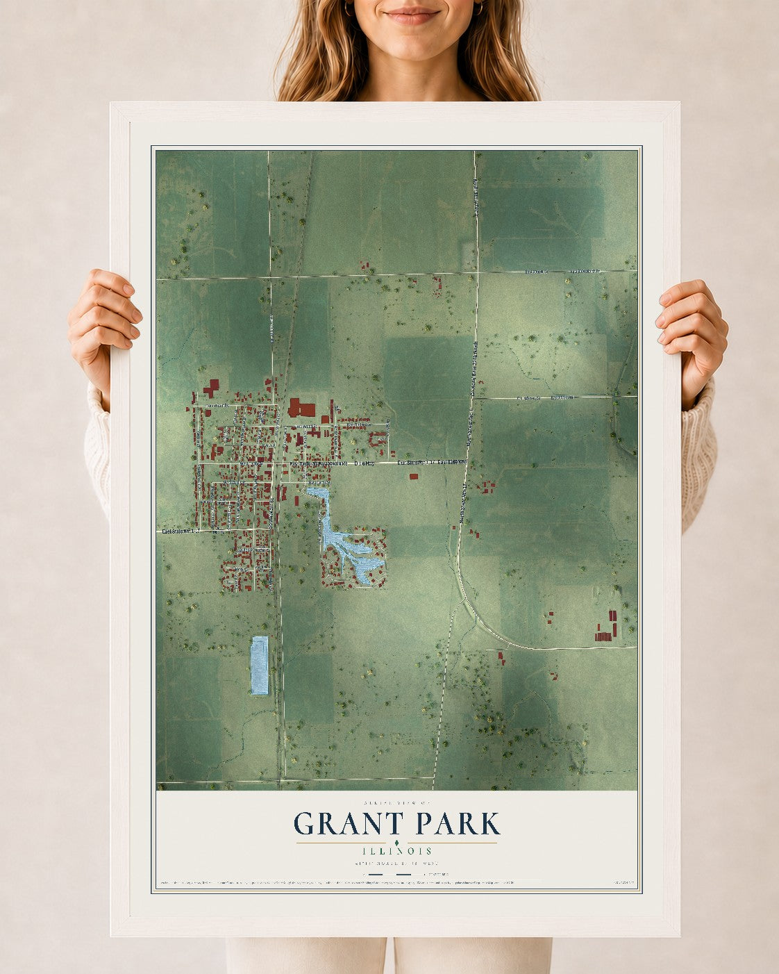 Map of Grant Park, Illinois, 24 x 36 inch print in a white wood frame