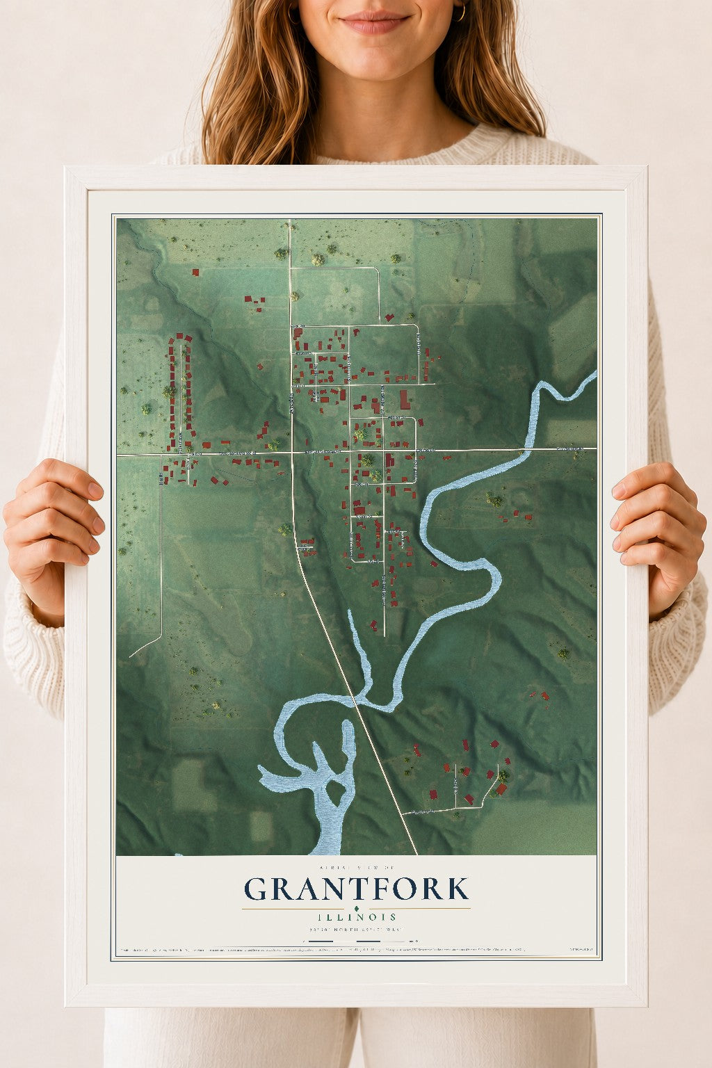 Map of Grantfork, Illinois, 18 x 24 inch print in a white wood frame