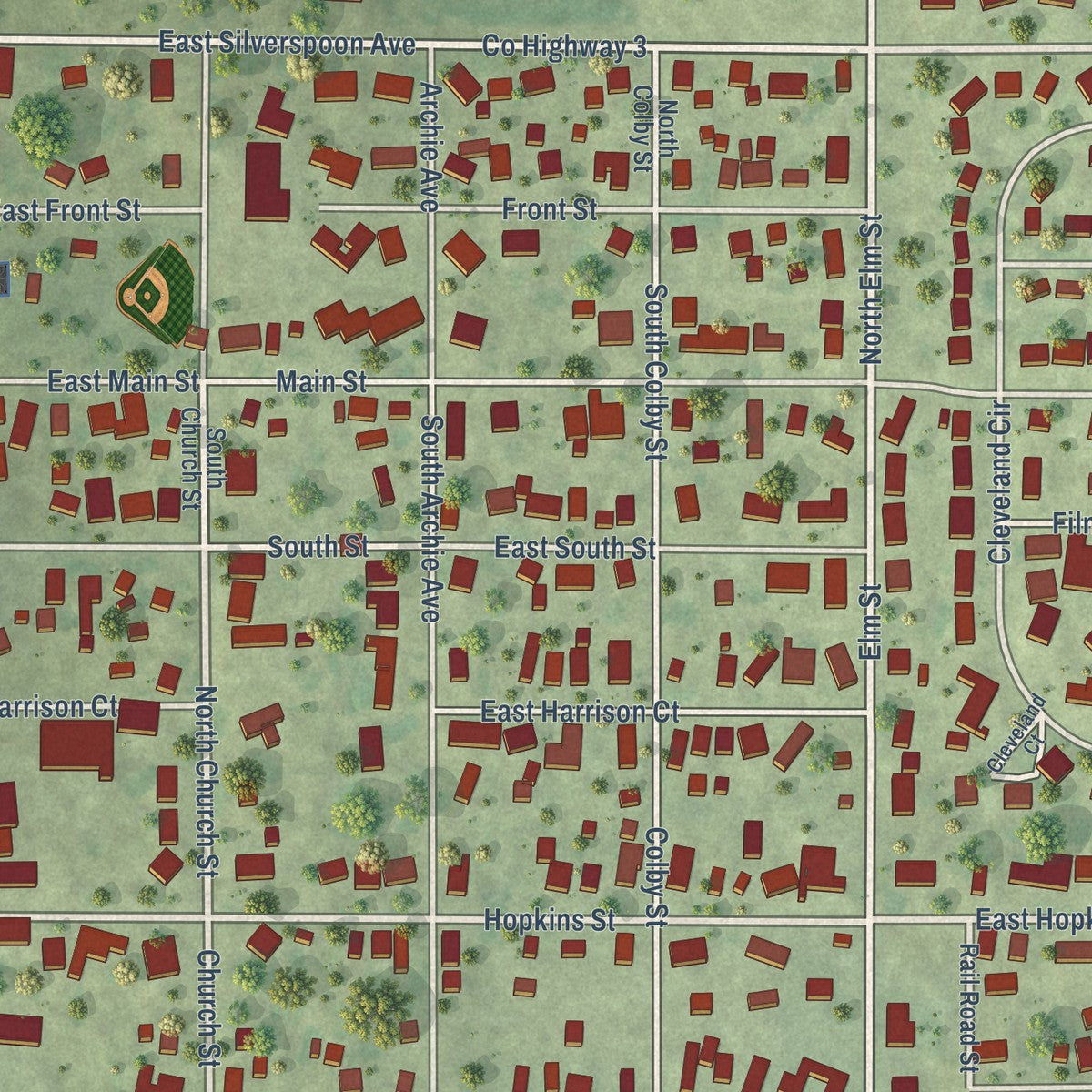 Close-up of the map of Granville, Illinois print showing street and building detail