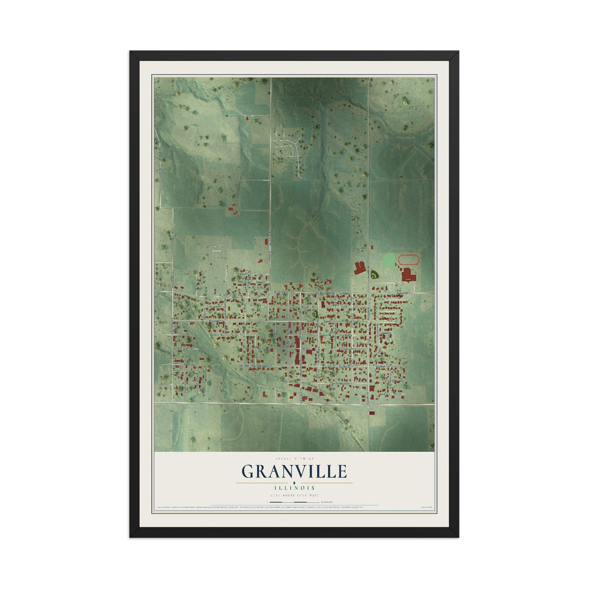 Map of Granville, Illinois, 12 x 18 inch print in a black wood frame