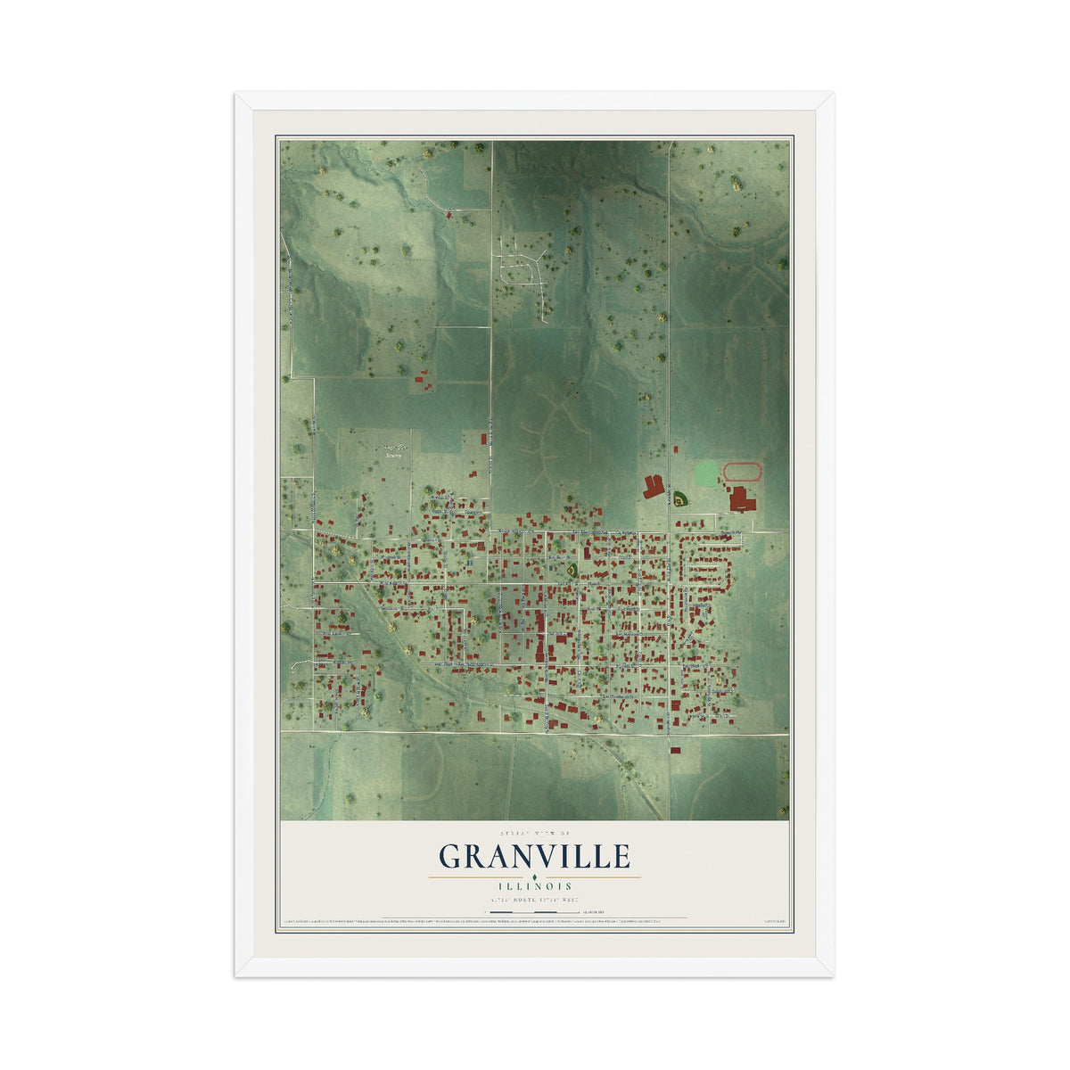 Map of Granville, Illinois, 12 x 18 inch print in a white wood frame