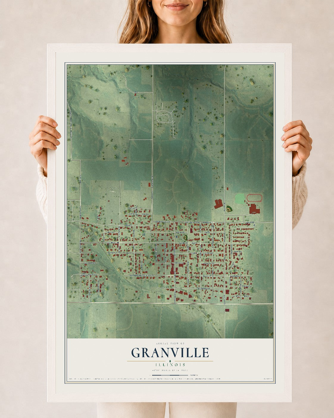 Map of Granville, Illinois, 24 x 36 inch print in a white wood frame