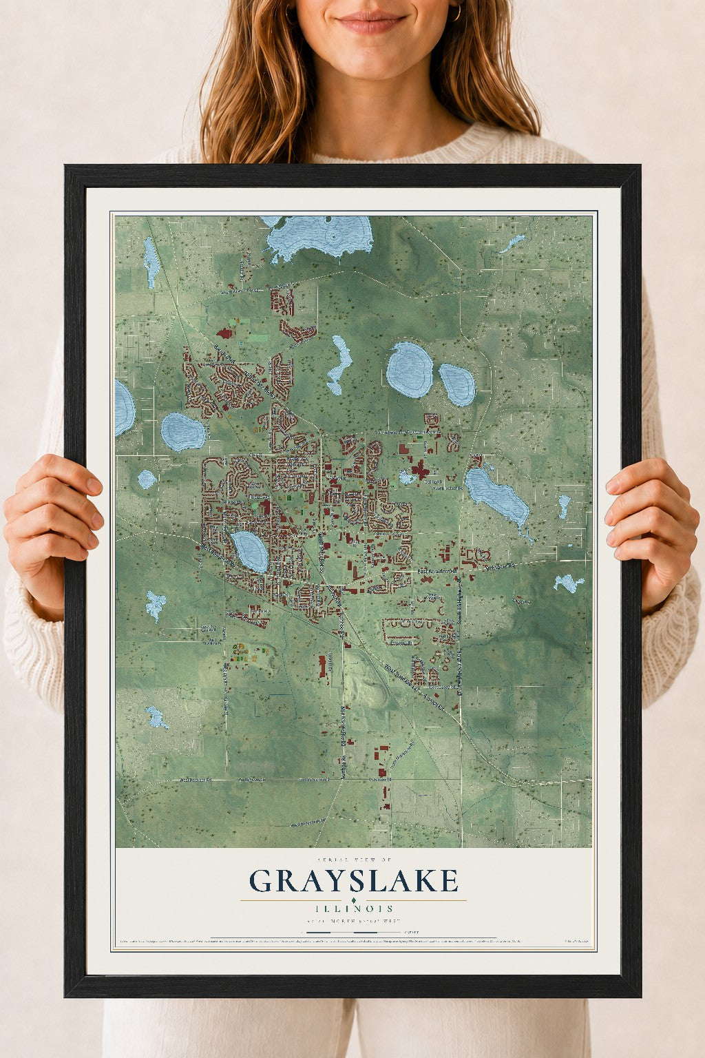 Map of Grayslake, Illinois, 18 x 24 inch print in a black wood frame