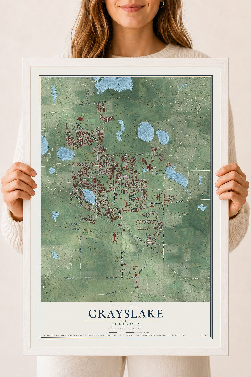 Map of Grayslake, Illinois, 18 x 24 inch print in a white wood frame