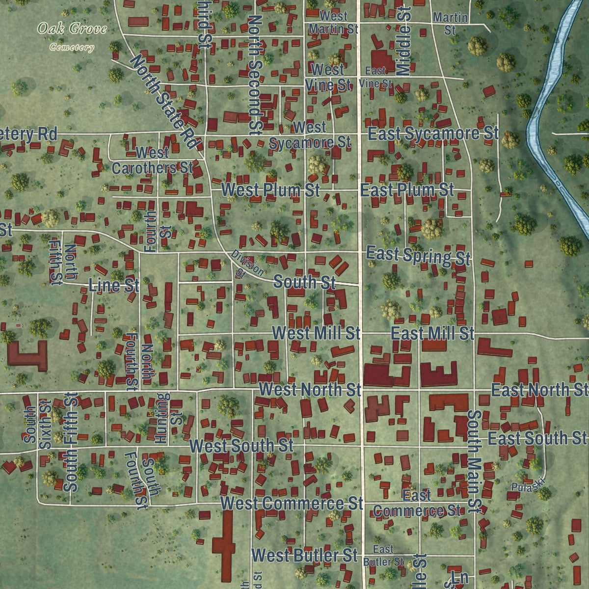 Close-up of the map of Grayville, Illinois print showing street and building detail