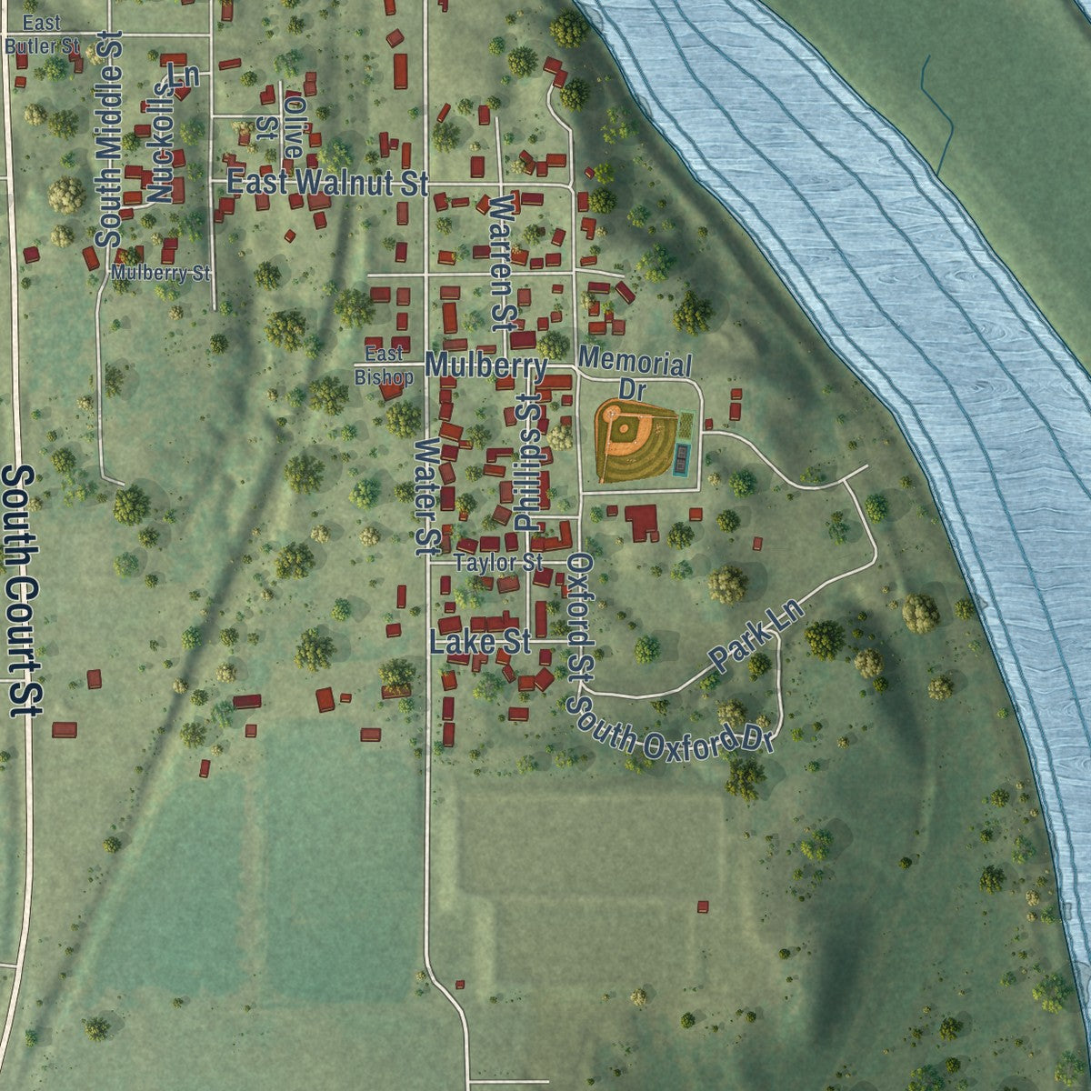 Second close-up of the map of Grayville, Illinois print showing more streets and buildings