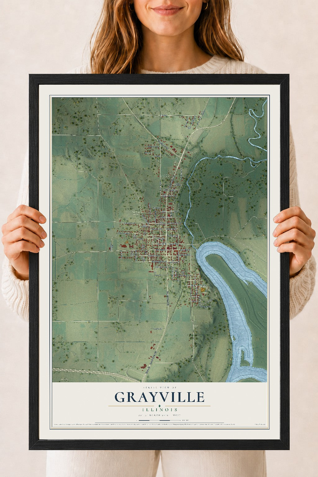 Map of Grayville, Illinois, 18 x 24 inch print in a black wood frame