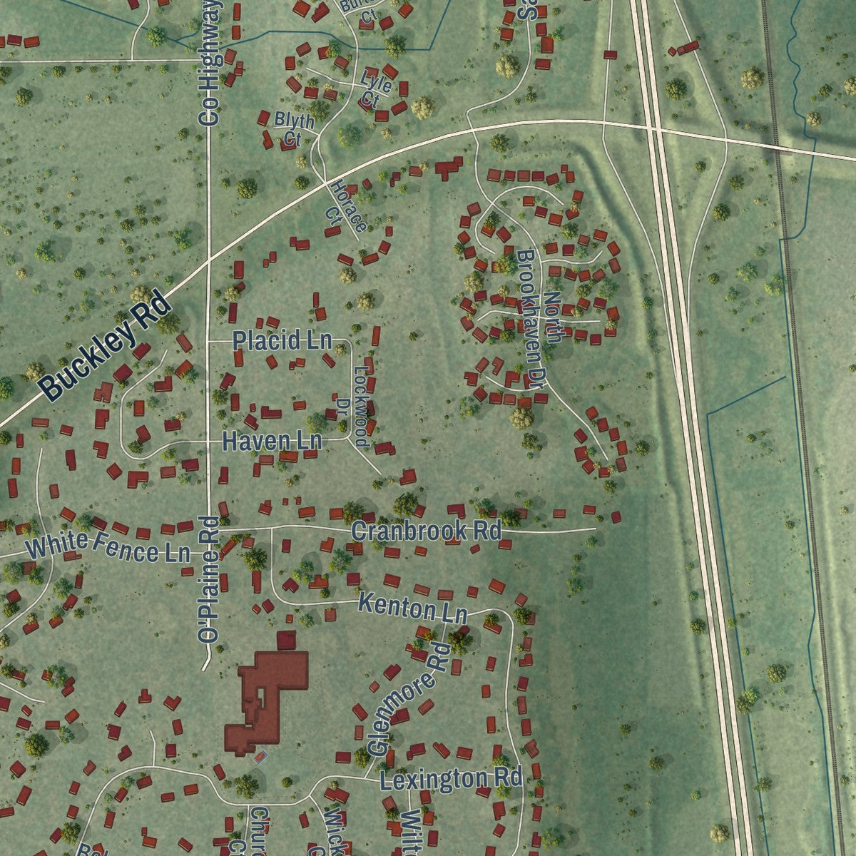 Second close-up of the map of Green Oaks, Illinois print showing more streets and buildings