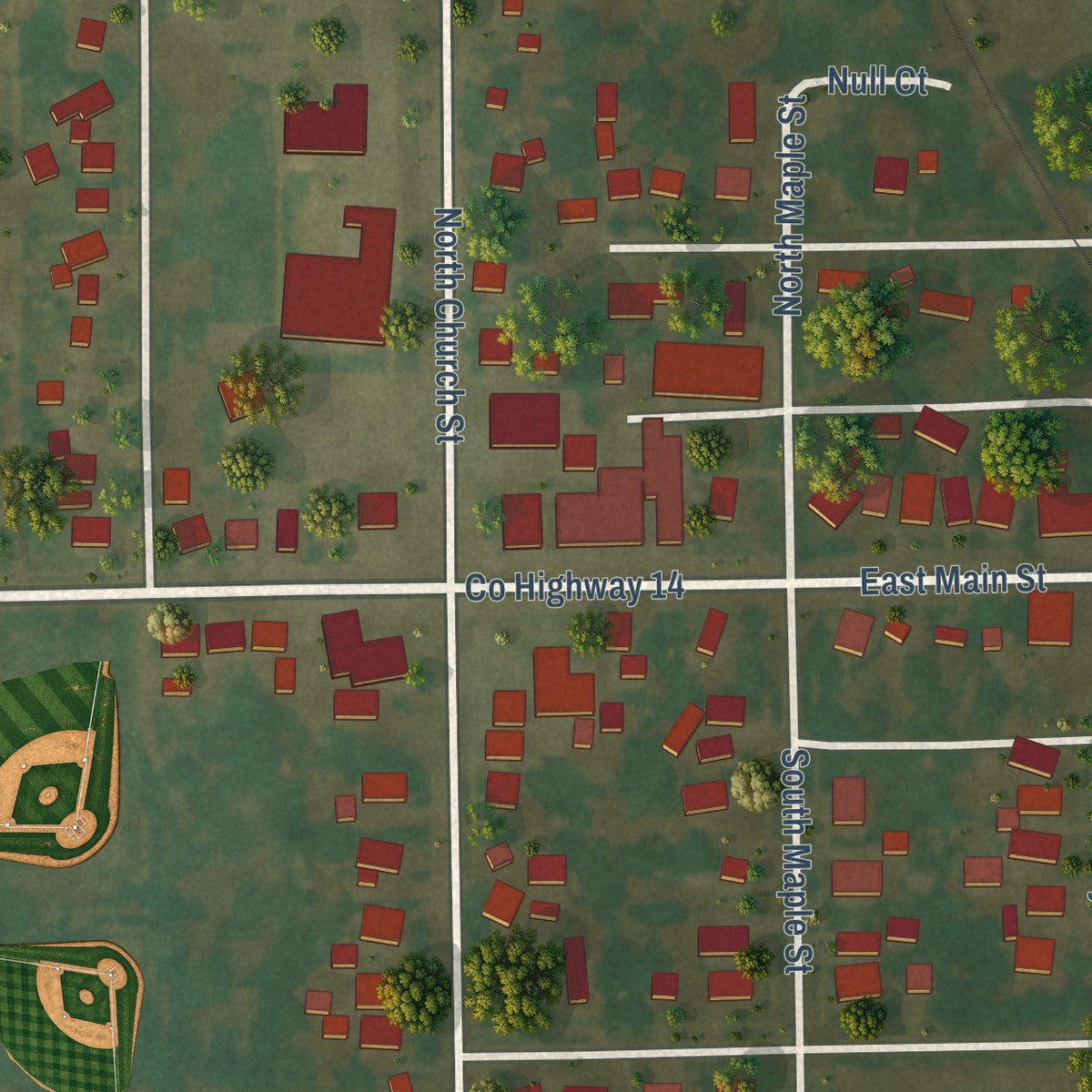 Second close-up of the map of Green Valley, Illinois print showing more streets and buildings