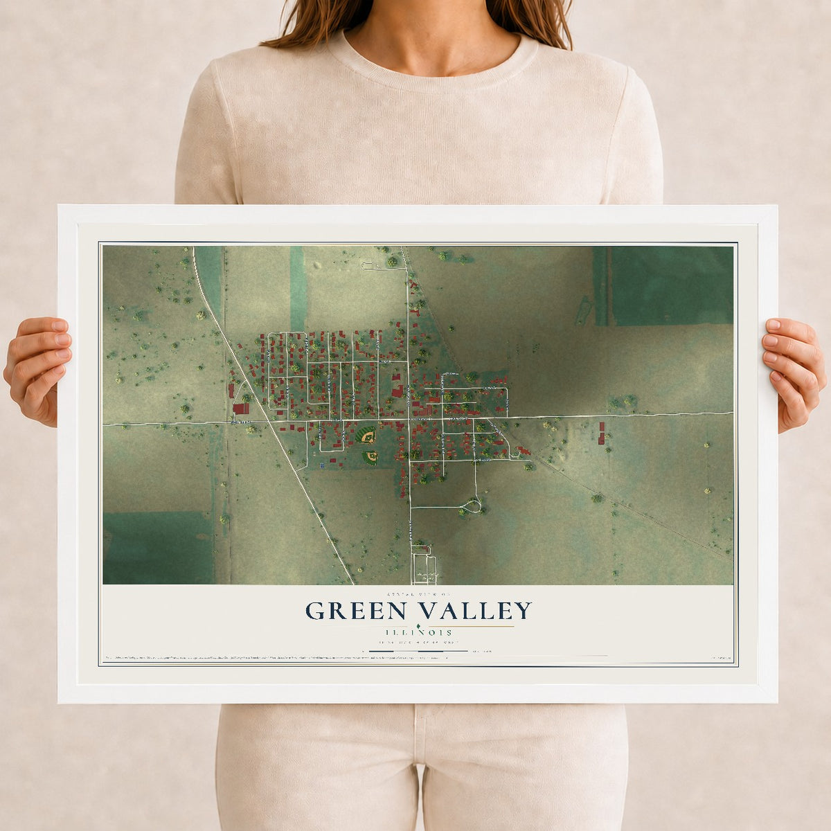 Map of Green Valley, Illinois, 12 x 18 inch print in a white wood frame