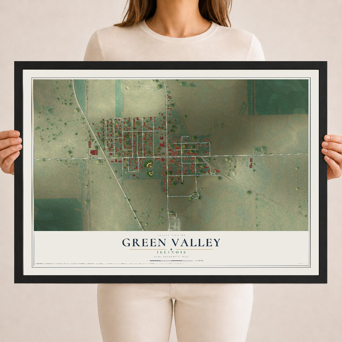 Map of Green Valley, Illinois, 18 x 24 inch print in a black wood frame