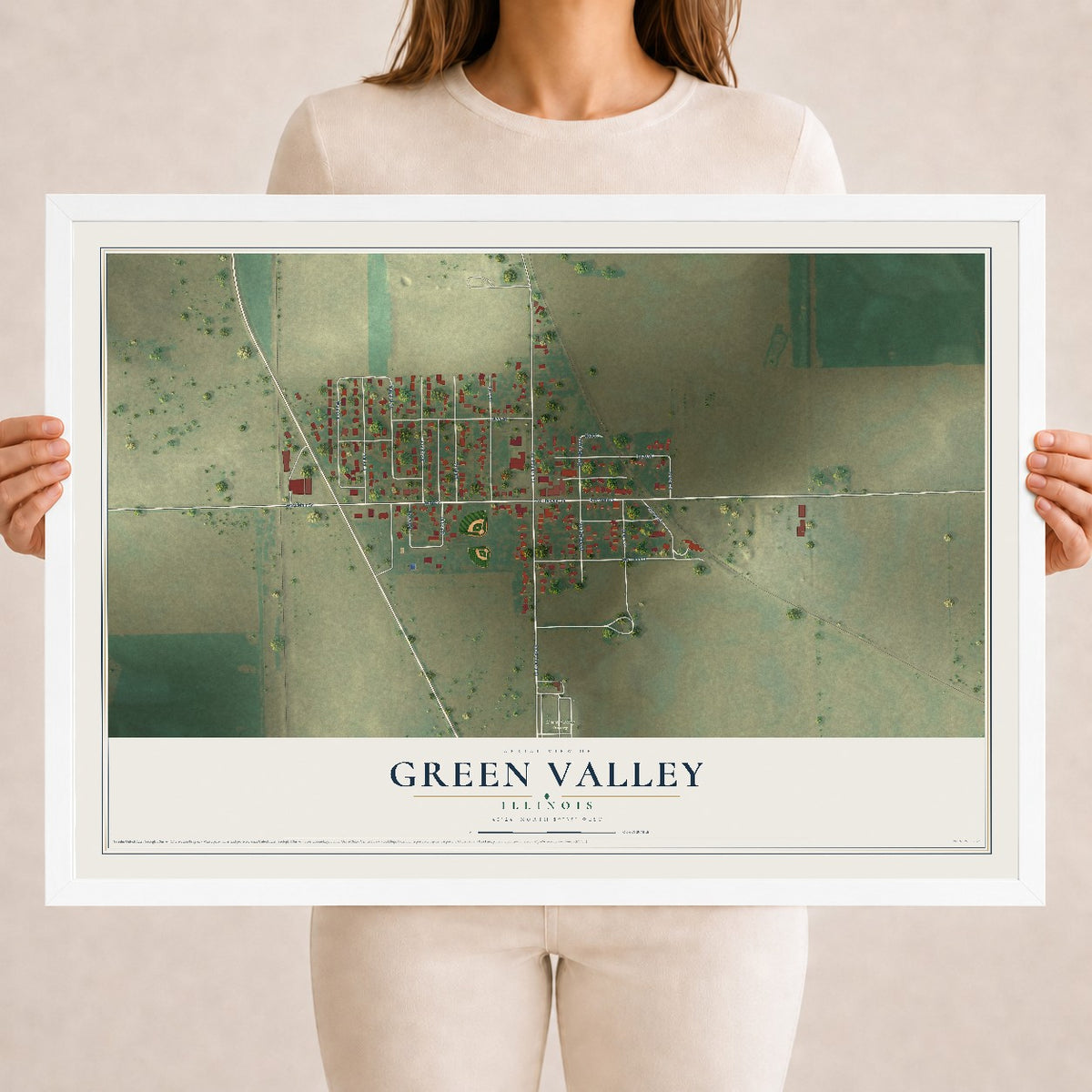 Map of Green Valley, Illinois, 18 x 24 inch print in a white wood frame