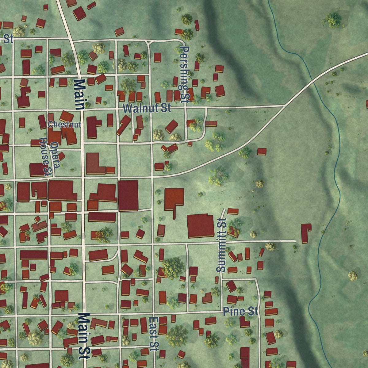 Close-up of the map of Greenfield, Illinois print showing street and building detail
