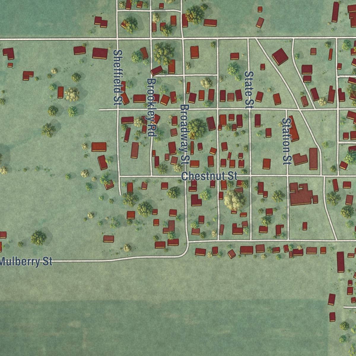 Second close-up of the map of Greenfield, Illinois print showing more streets and buildings