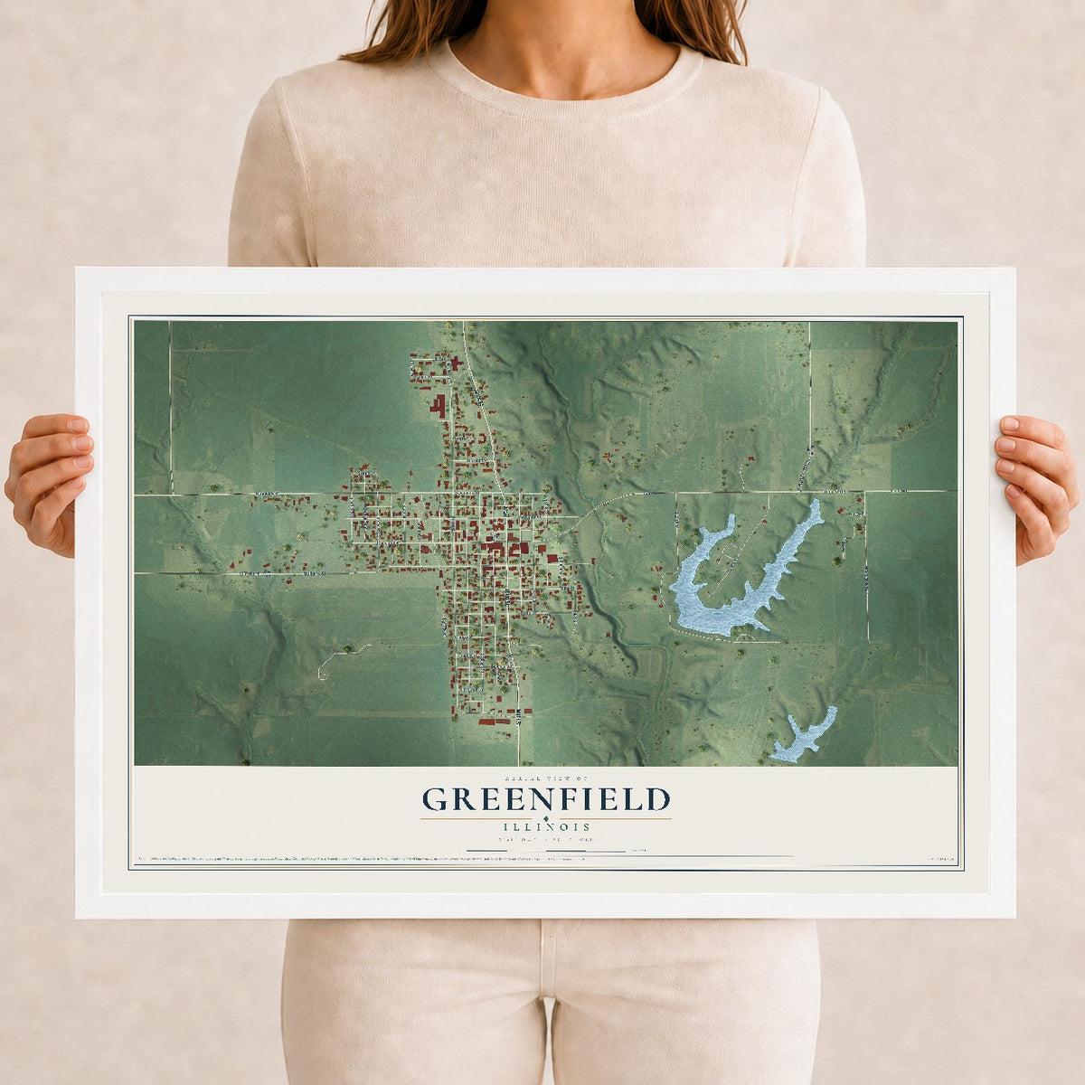 Map of Greenfield, Illinois, 12 x 18 inch print in a white wood frame