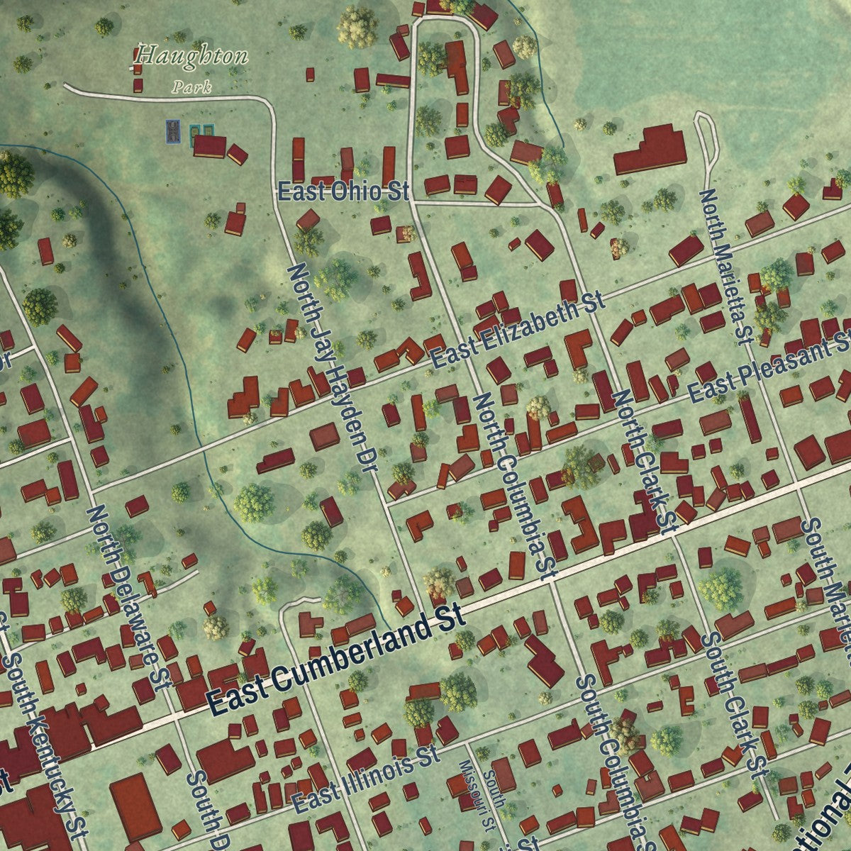 Close-up of the map of Greenup, Illinois print showing street and building detail