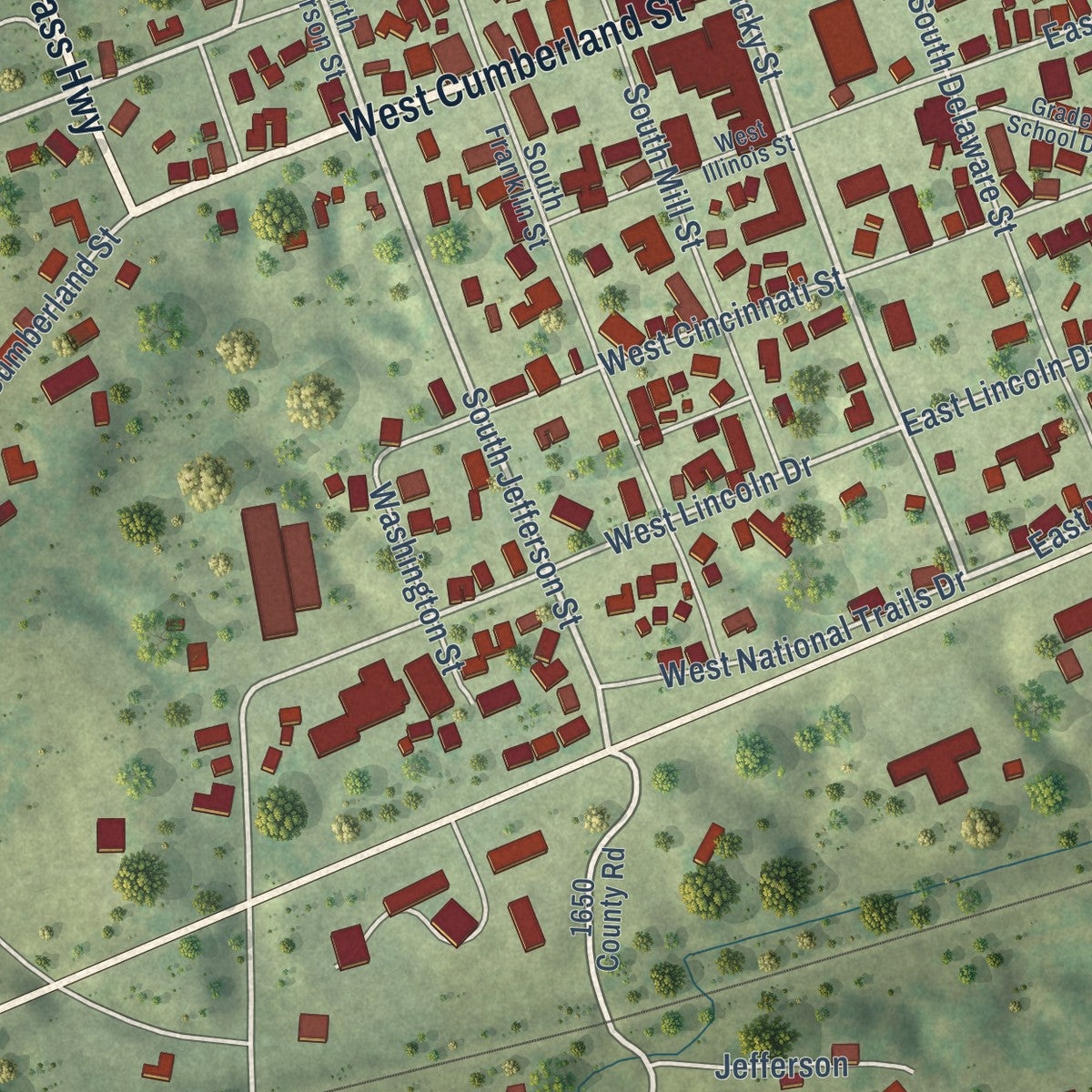 Second close-up of the map of Greenup, Illinois print showing more streets and buildings