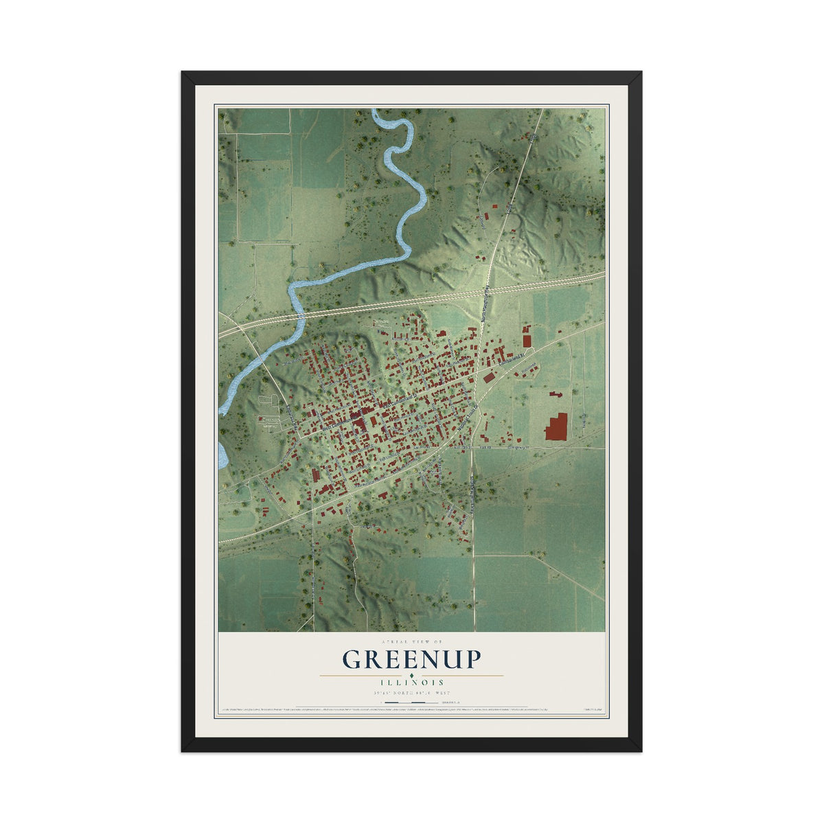 Map of Greenup, Illinois, 12 x 18 inch print in a black wood frame