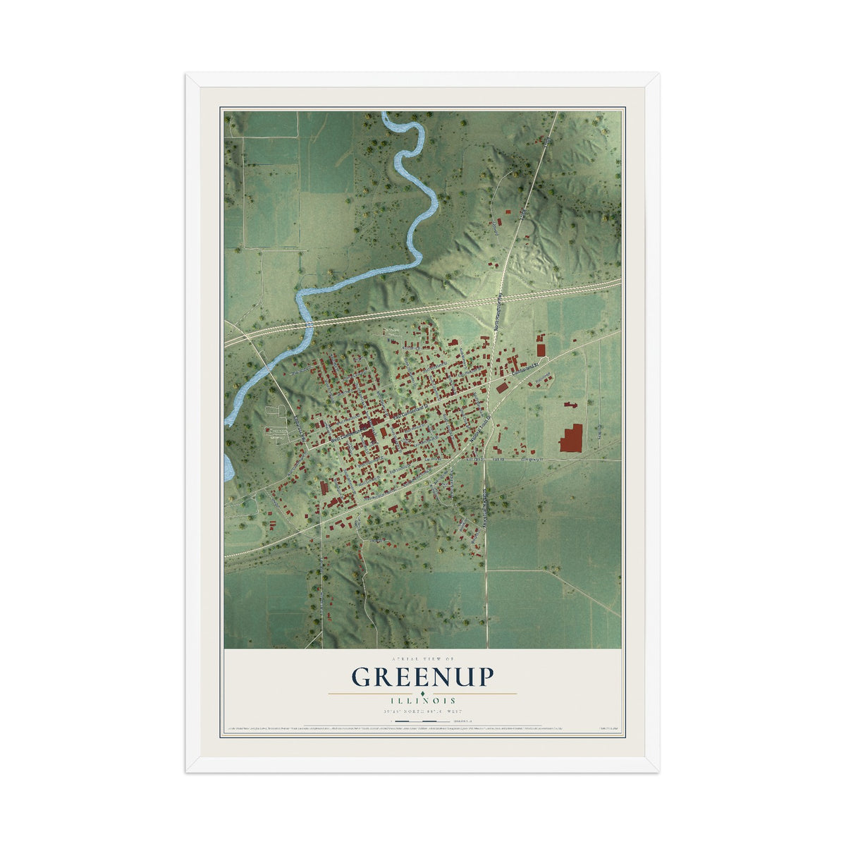 Map of Greenup, Illinois, 12 x 18 inch print in a white wood frame