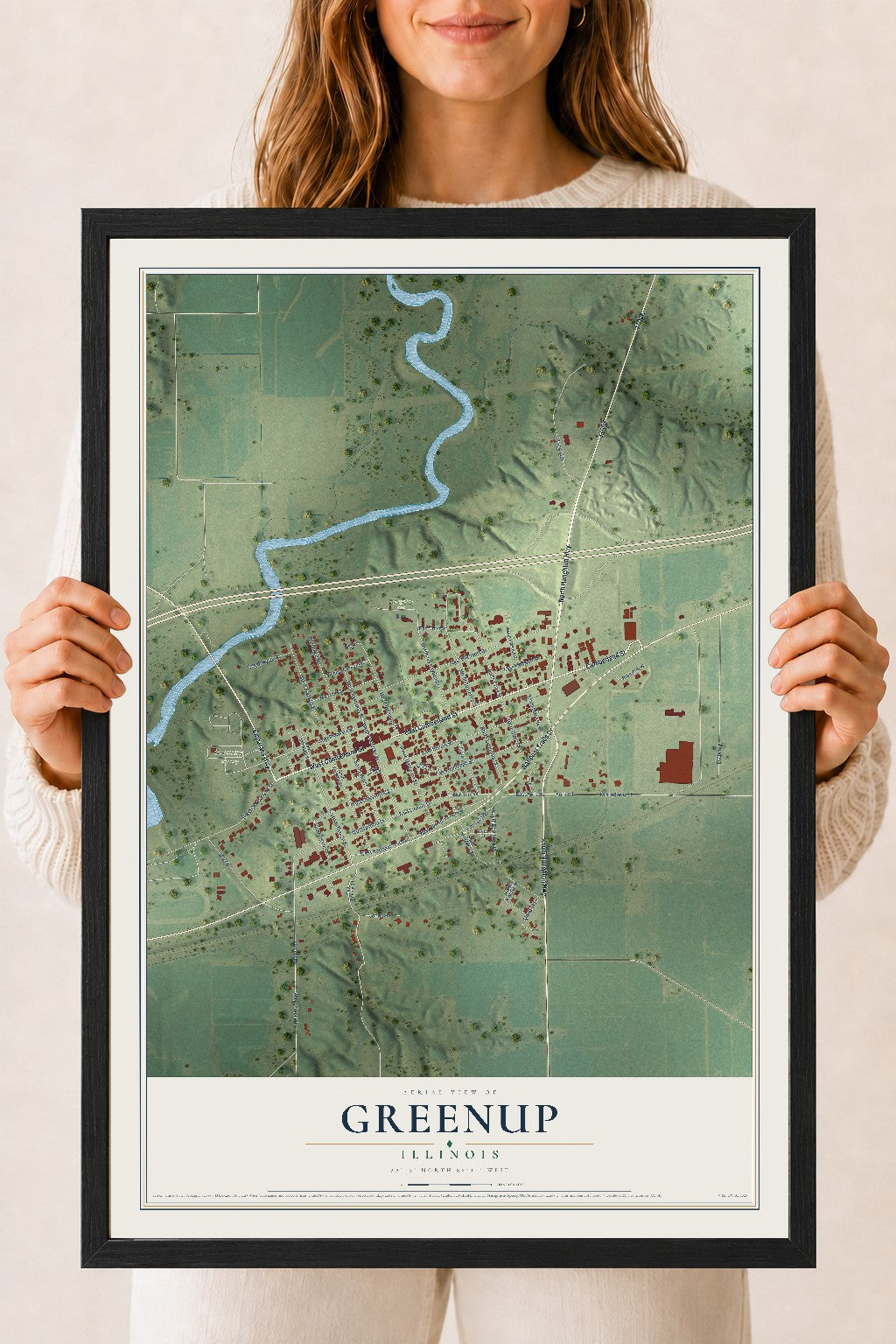 Map of Greenup, Illinois, 18 x 24 inch print in a black wood frame