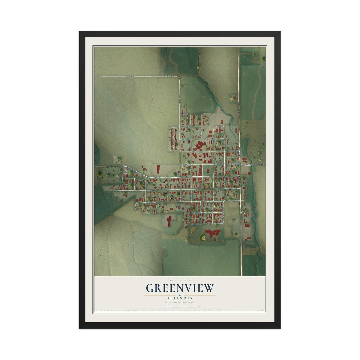 Map of Greenview, Illinois, 12 x 18 inch print in a black wood frame