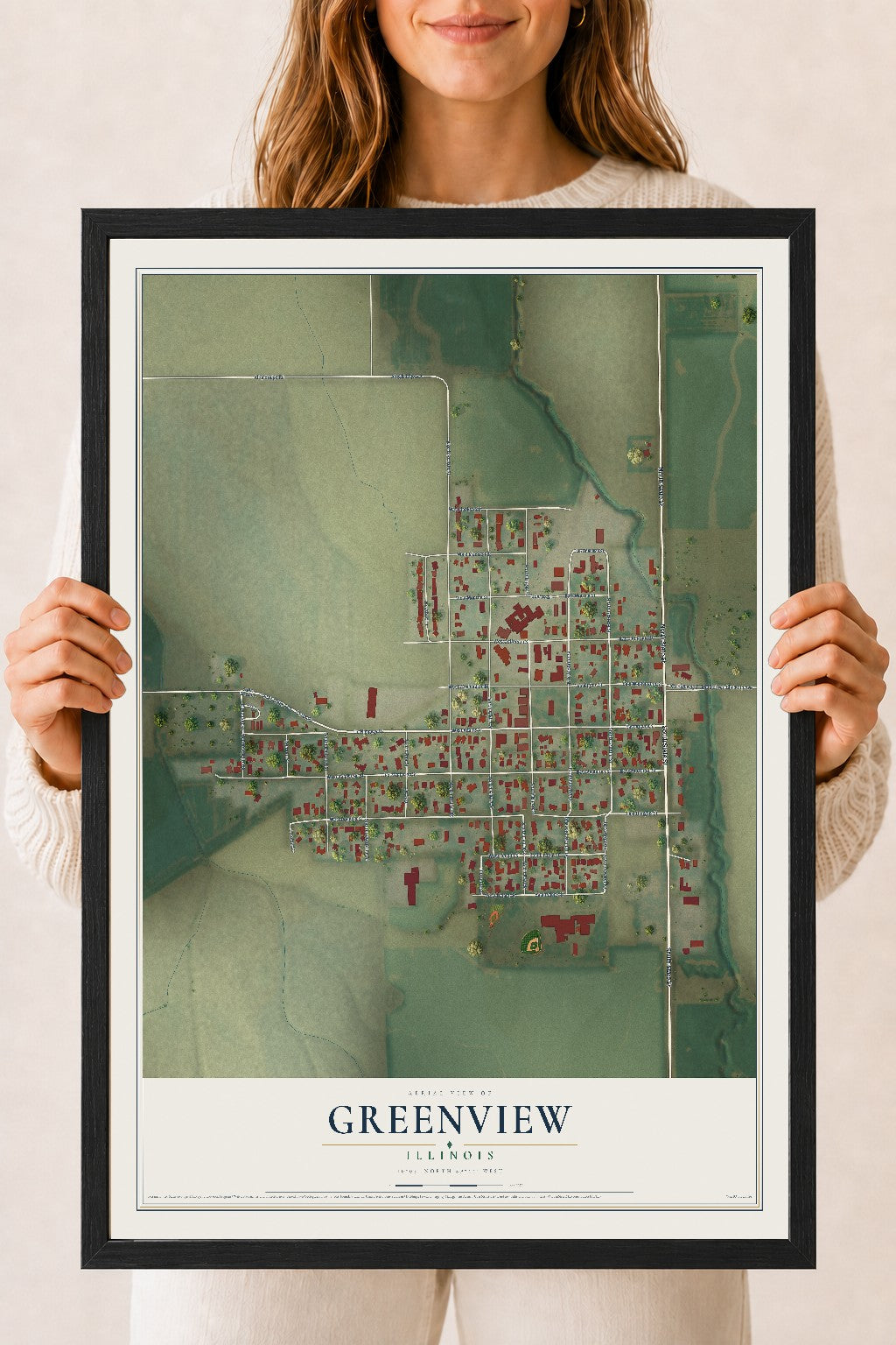 Map of Greenview, Illinois, 18 x 24 inch print in a black wood frame