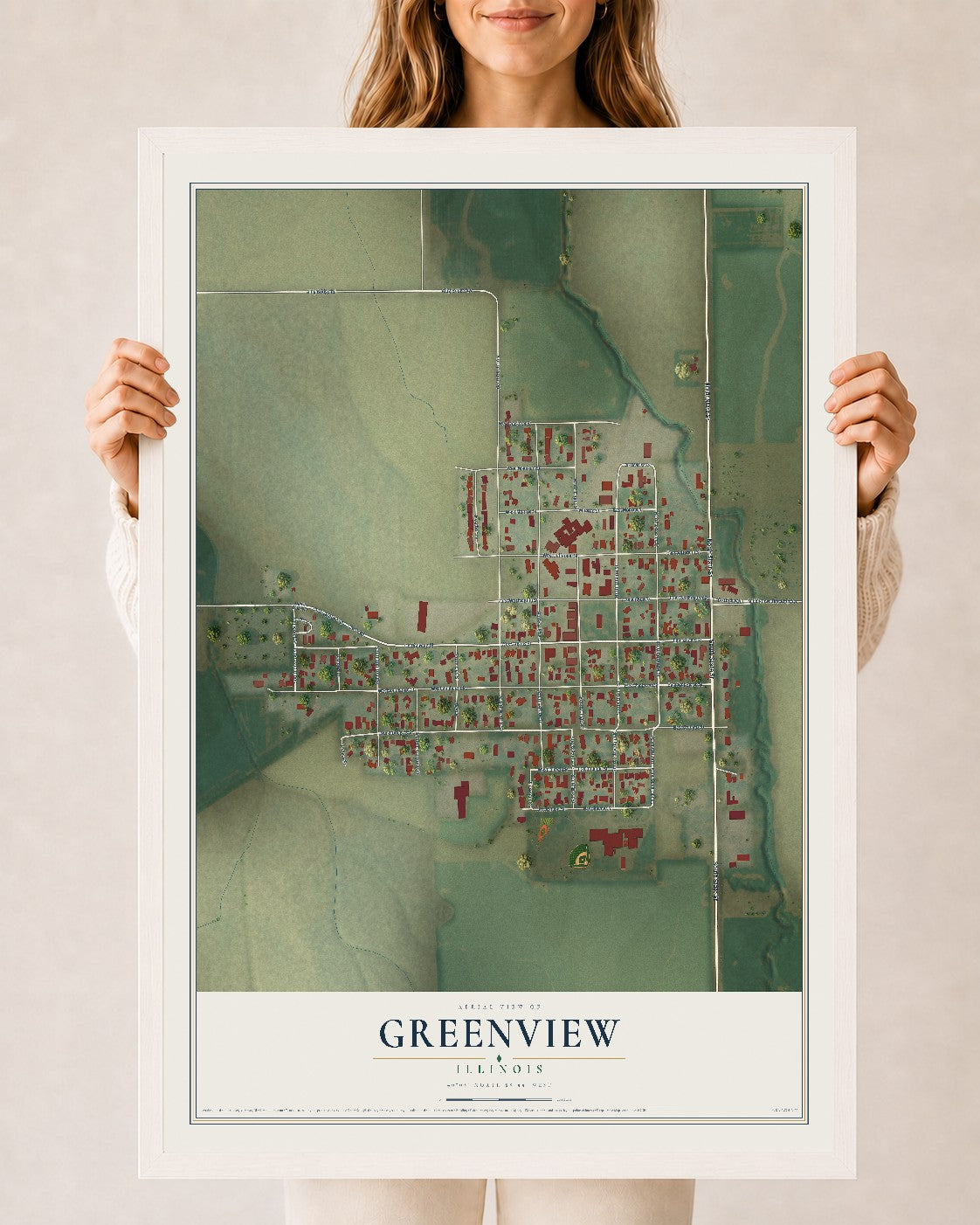 Map of Greenview, Illinois, 24 x 36 inch print in a white wood frame