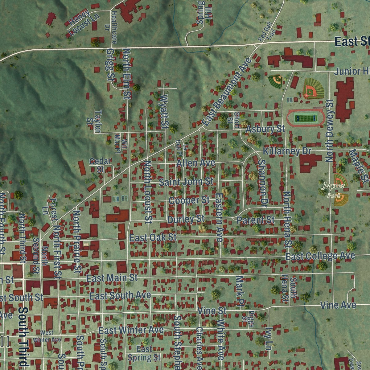 Close-up of the map of Greenville, Illinois print showing street and building detail