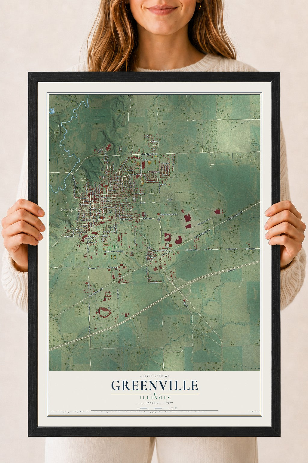 Map of Greenville, Illinois, 18 x 24 inch print in a black wood frame
