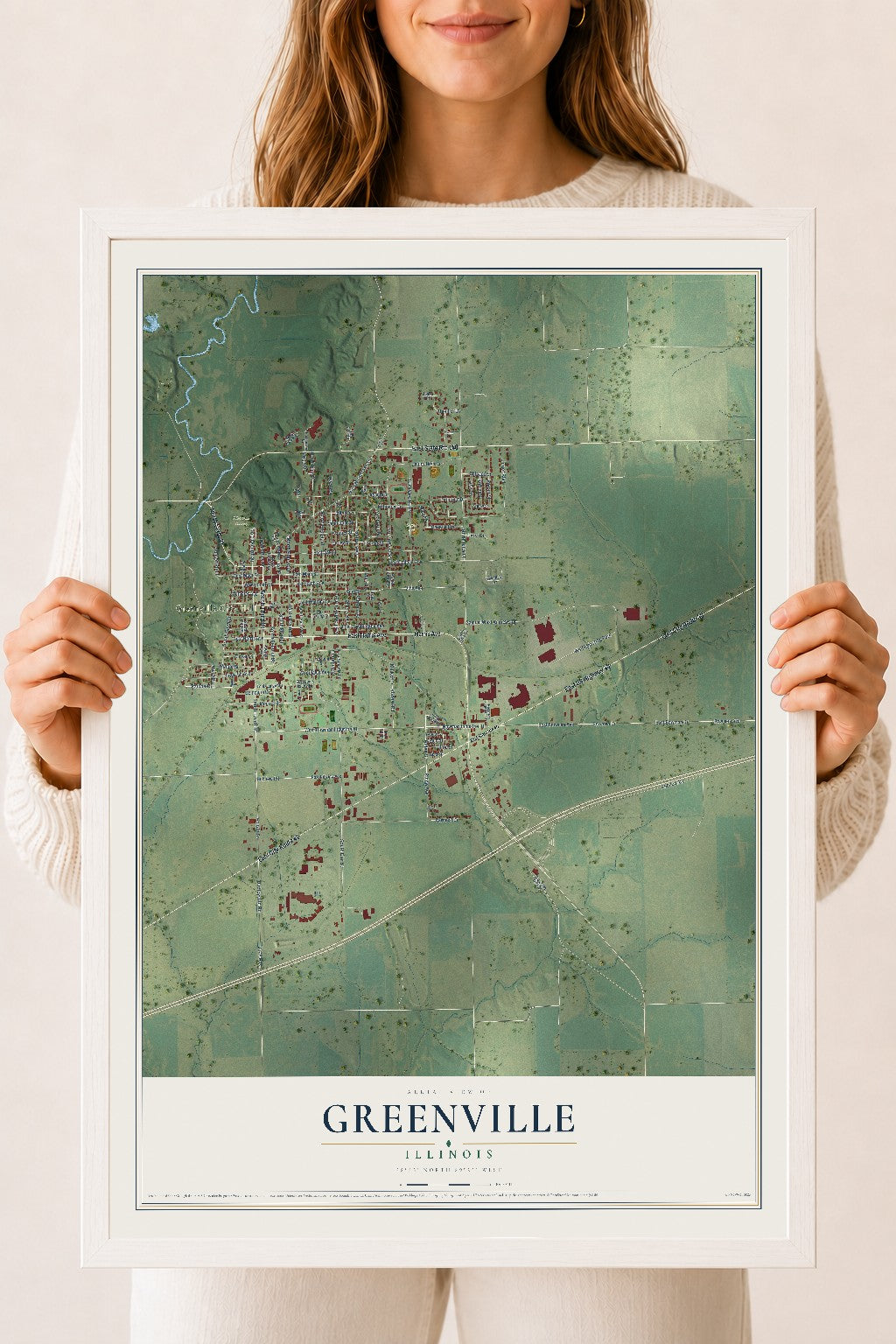 Map of Greenville, Illinois, 18 x 24 inch print in a white wood frame