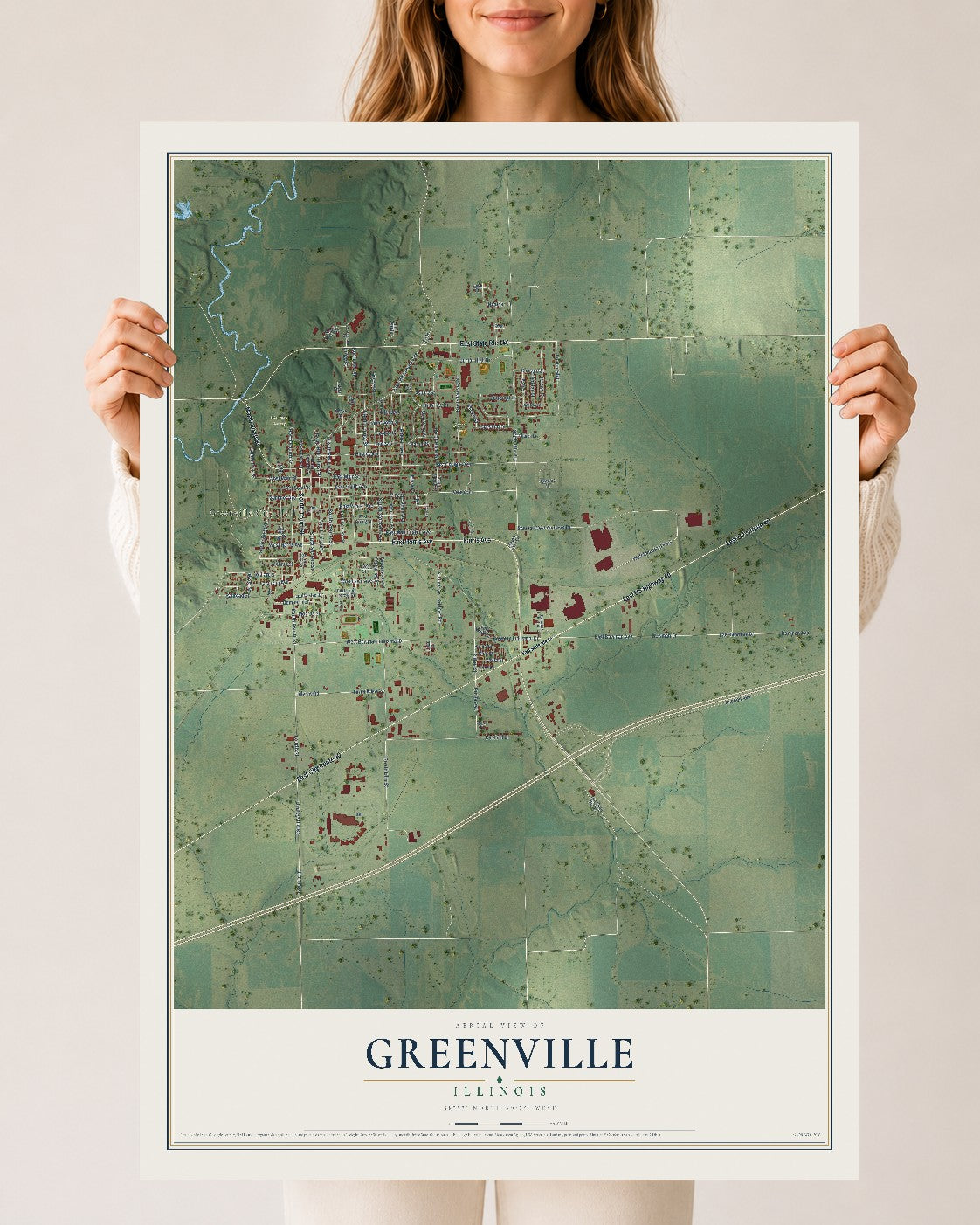 Map of Greenville, Illinois, 24 x 36 inch unframed archival matte print