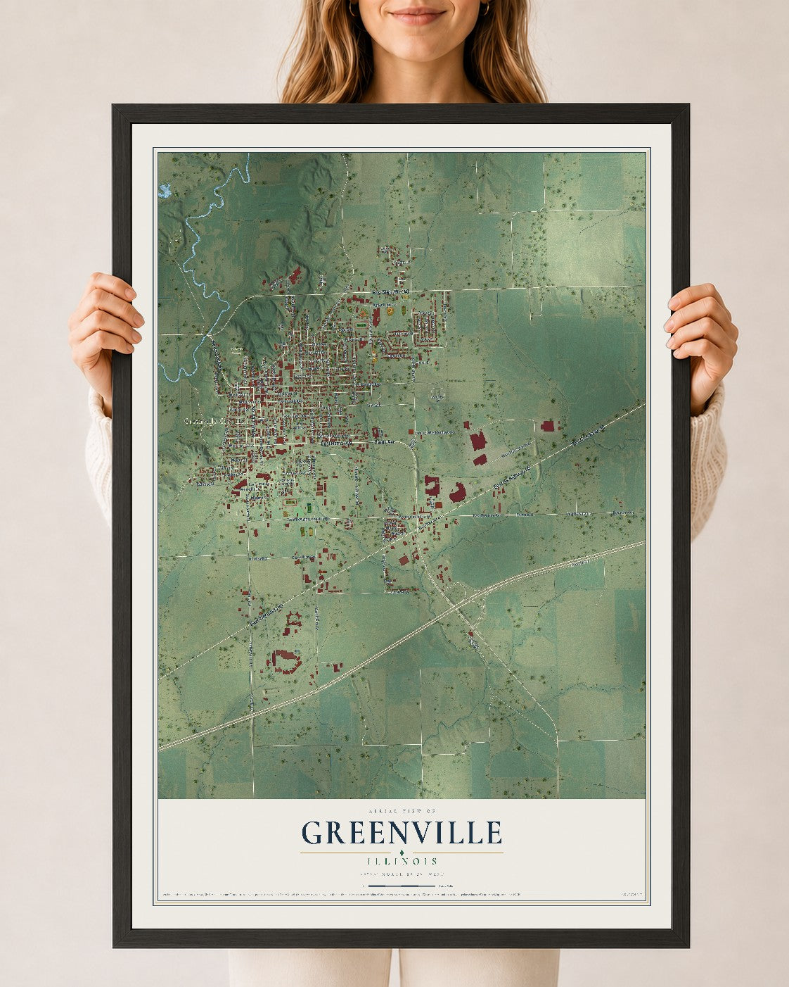 Map of Greenville, Illinois, 24 x 36 inch print in a black wood frame
