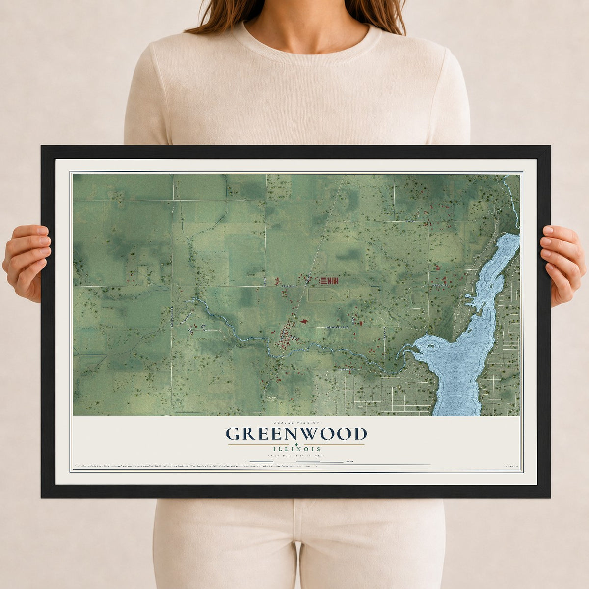 Map of Greenwood, Illinois, 12 x 18 inch print in a black wood frame