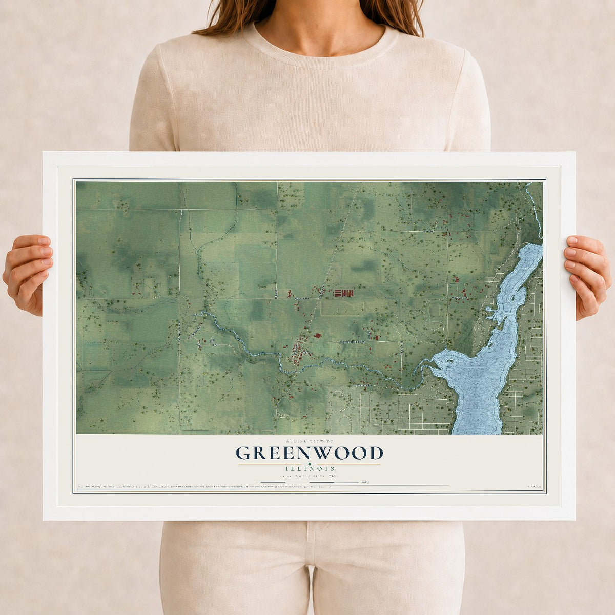 Map of Greenwood, Illinois, 12 x 18 inch print in a white wood frame