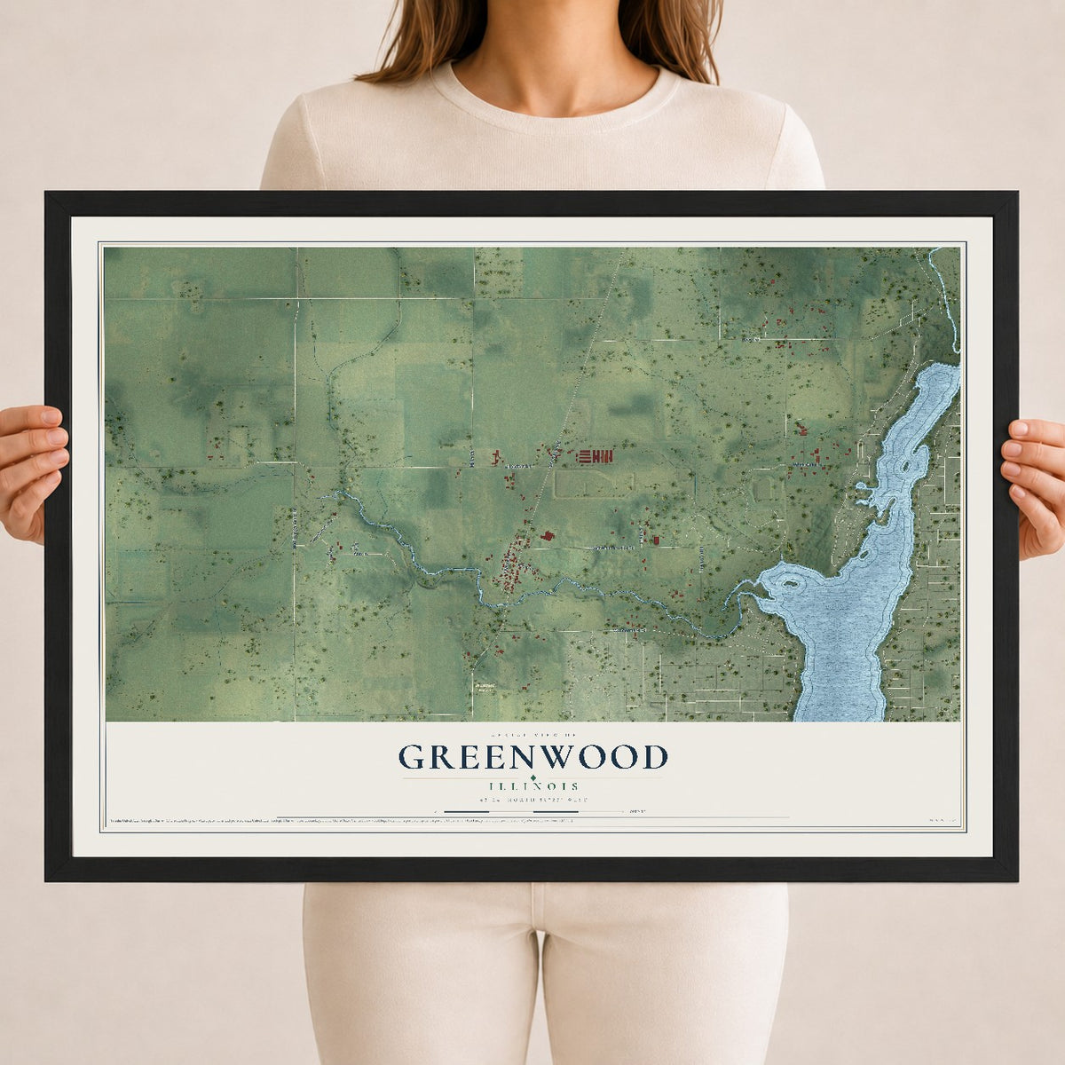 Map of Greenwood, Illinois, 18 x 24 inch print in a black wood frame