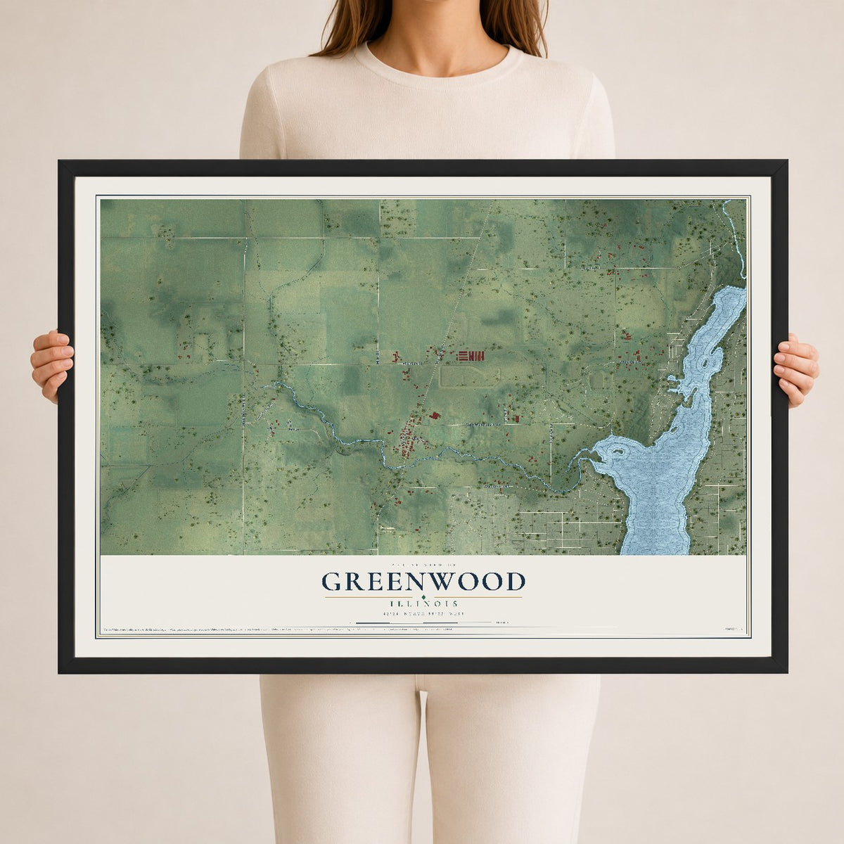 Map of Greenwood, Illinois, 24 x 36 inch print in a black wood frame