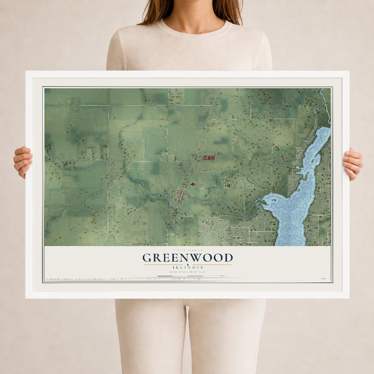 Map of Greenwood, Illinois, 24 x 36 inch print in a white wood frame